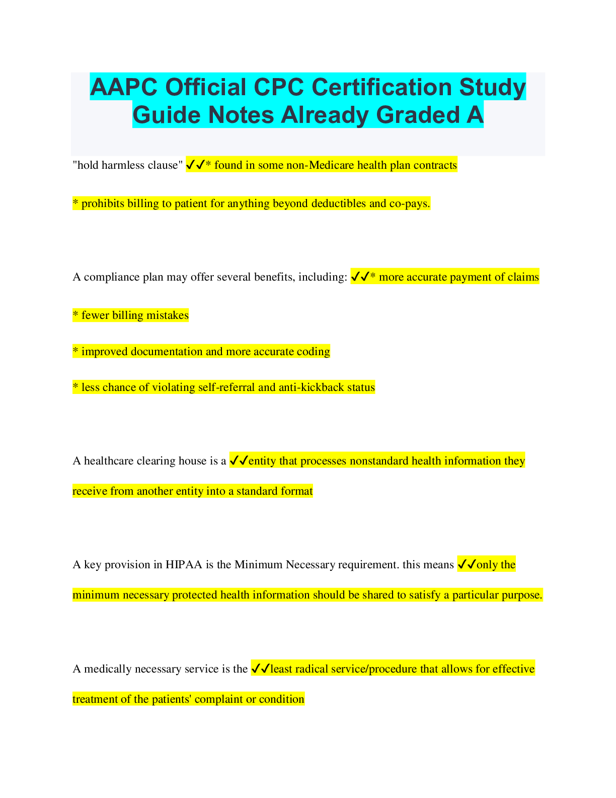 Preview of AAPC Official CPC Certification Study Guide Notes Already Graded A